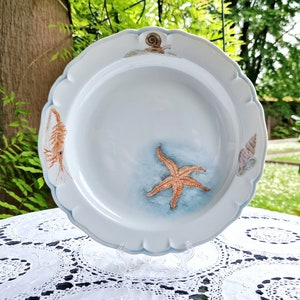 Limoges handgeschilderde visschotel jaren 70: Franse porseleinen serveerschaal, zeemotief 28,5 cm