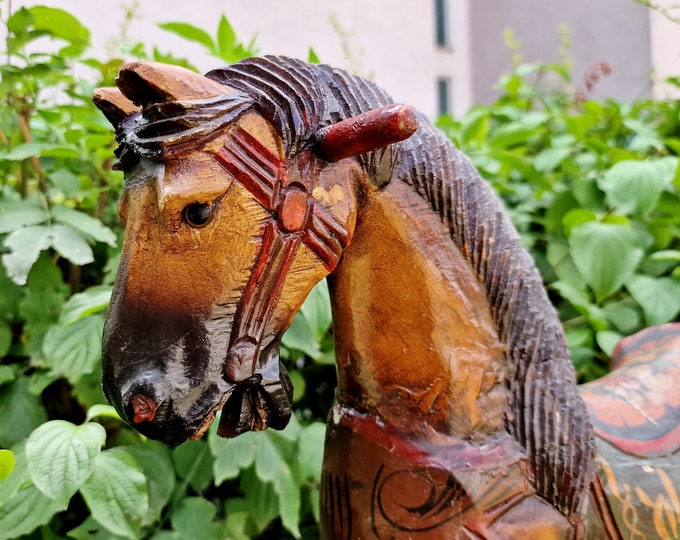 RARE Antique Handcarved Rocking Horse Handpainted Wooden Toy Horse on