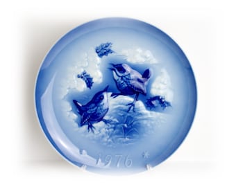 Vintage Hutschenreuther Animal Porcelain Plate: German Blue and White Relief Birds, 26 cm