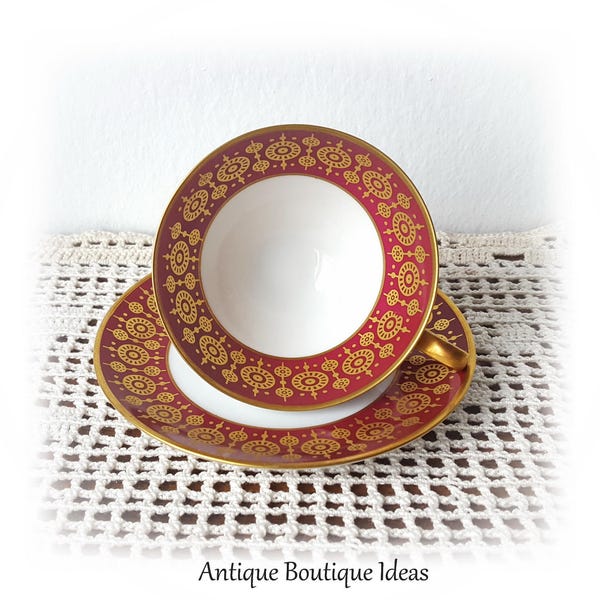 Charming Vintage Demitasse Cup Duo German Porcelain Cup and Saucer Bavarian China Espresso Cups Red and Gold Cup Mid Century Serving