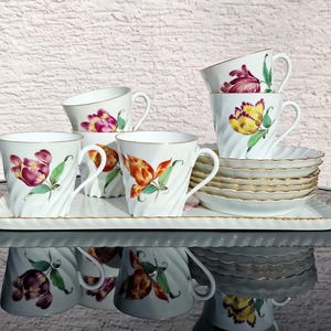Vintage Nymphenburg Tea Set for 6 & Platter: Translucent China, Floral Design, Germany 150ml