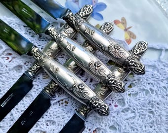 Antique French Silver Plated Knives Set of 6: Art Nouveau Floral Breakfast Knives,  20cm