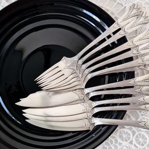 SELTENE Antike WMF Fischbesteck - Set für 6 - Empire Stil - Versilbert - WMF Besteck - Länge 18,5 - 21,5 cm