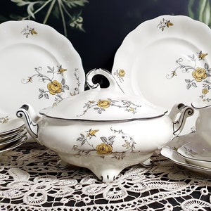 1930 - 1945 Dinner Set for 4 - Koenigszelt Charlotte German Porcelain - Vintage Dinnerware Set - Footed Tureen - Ivory China and Silver Rim