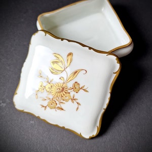 1934 - 1949 Vintage Ilmenau German Porcelain Trinket Box: Golden Flowers, Jewelry Vanity Box