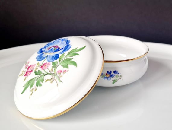 Meissen Crossed Swords Hand-Painted Jewellery Box, Floral Trinket Box, Germany
