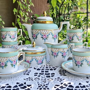 Vintage Furstenberg Hand-Painted Teapot Set for 6: Mint Green Pink Roses, Coffee Demitasse Cups