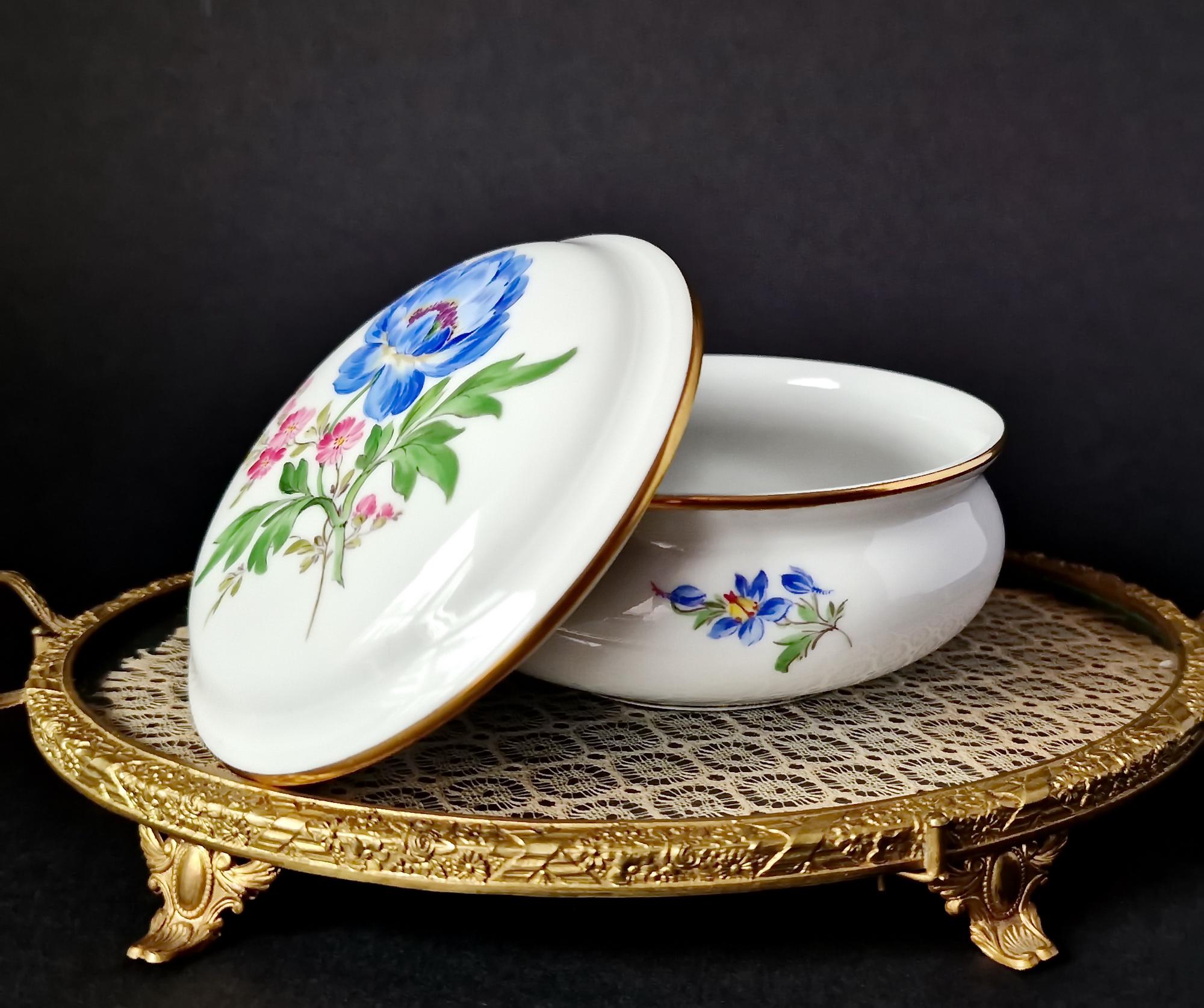 Meissen Crossed Swords Hand-painted Jewellery Box, Floral Trinket