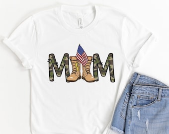 Military Mom T-Shirt: Camo Boots, American Flag