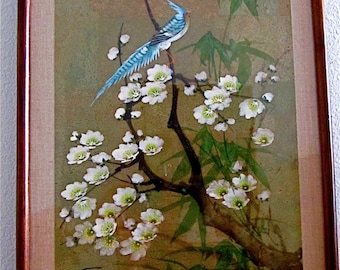 Vintage 1970s &quot;Blue Bird&quot;| Japanese Cherry Blossom Tree |  Woodblock Print (Reproduction of Original Art)  |  Framed
