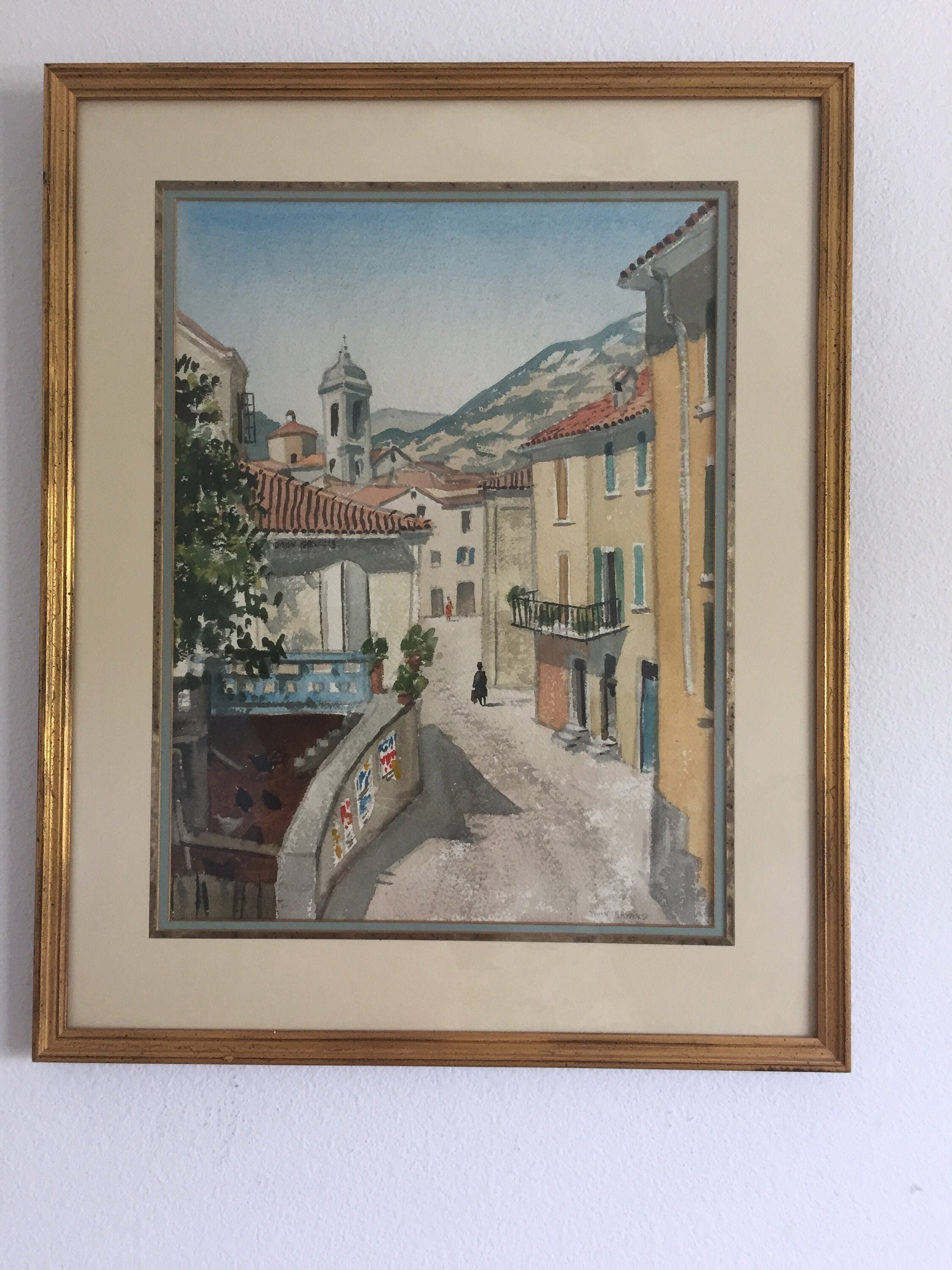 Italian Summer by John Bryans – Original Watercolor Painting, Signed Italy Landscape Art, Framed Vintage Mediterranean Scene
