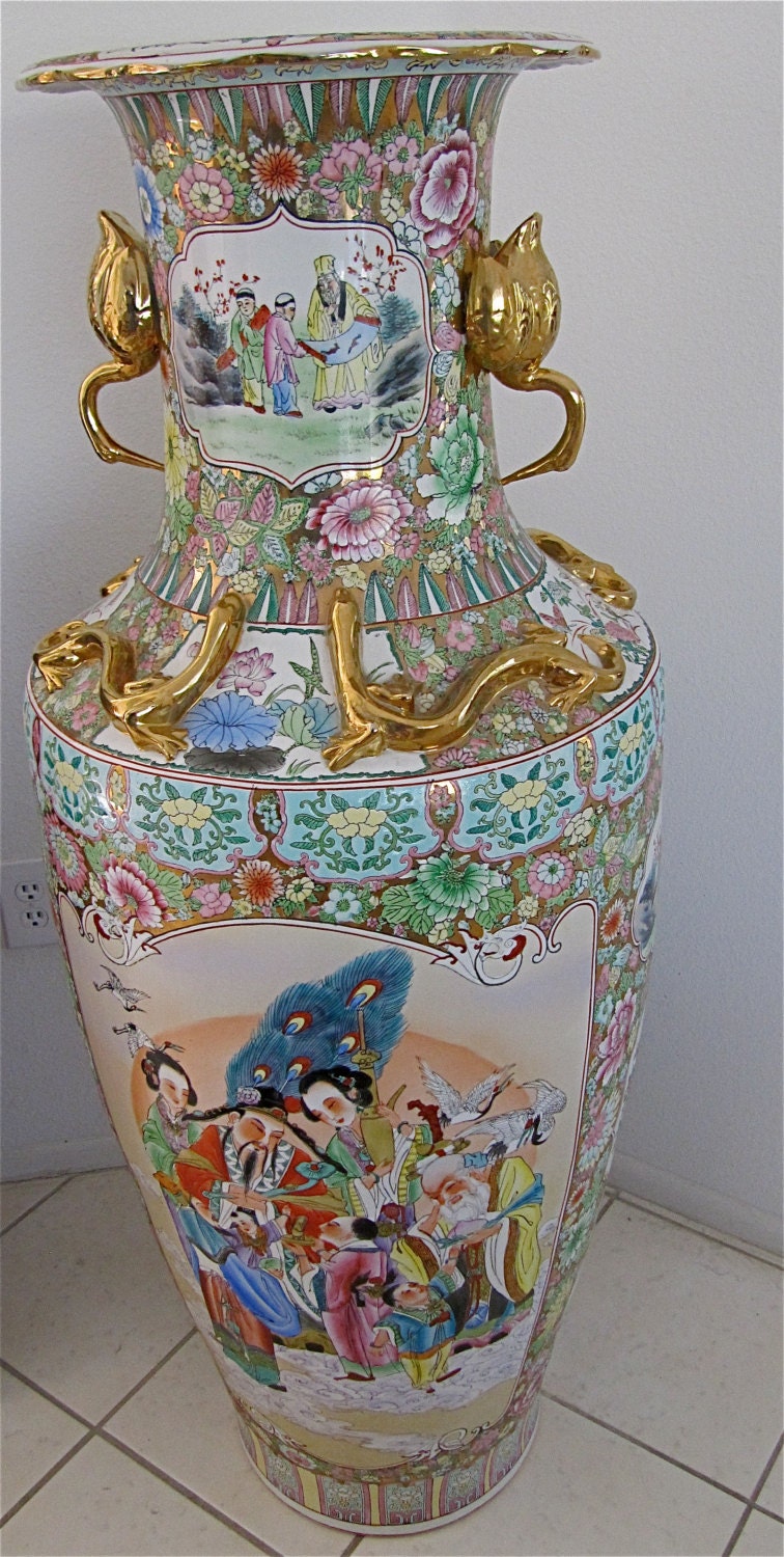 中国七宝焼きと磁器のフロア花瓶 – 手描き、特大、高さ52インチの