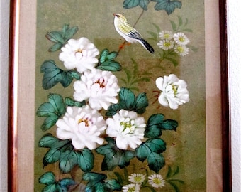 Vintage 1970s &quot;Yellow Bird&quot;| Japanese Cherry Blossom Tree | Woodblock Print (Reproduction of Original Art) | Framed