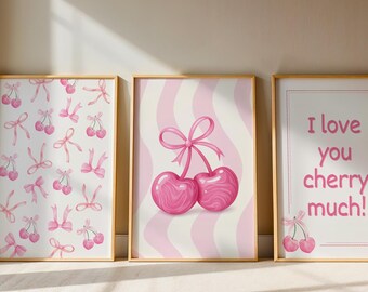 Pink Cherry Wall Art Set of 3, Coquette Aesthetic Prints, Cute Girly Room Decor, Bow Cherry Poster, Preppy Pink Wall Art, Digital Download