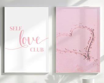 Pink Wall Art Set Self Love Club Printable Minimalist Blush Heart Print Feminine Bedroom Decor Modern Aesthetic Wall Art Digital Download