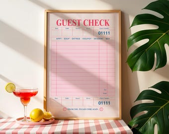 Pink Guest Check Printable Wall Art – Retro Diner Receipt Poster, Coquette Aesthetic Kitchen Decor, Trendy Restaurant Invoice Print