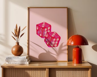 Pink Dice Wall Art Print – Retro Casino Aesthetic Poster, Hot Pink Glam Game Room Decor, Trendy Coquette Art