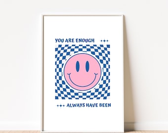 Retro Aesthetic Digital Download Blue Checkerboard Wall Art Print Pink Smiley Face Poster Positive Affirmation Decor Motivational Printable