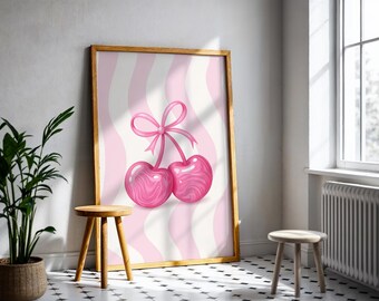 Pink Cherry Wall Art, Coquette Aesthetic Poster, Cute Fruit Art Print, Preppy Pink Decor, Girly Room Printable