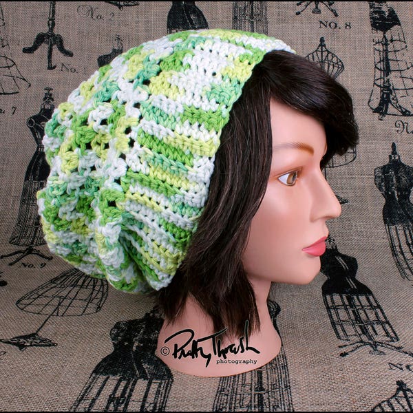 Green Slouch Beanie - striped (white, green, light green, yellow green) crochet slouchy hat - saggy - fall - winter- comfy - warm - hipster