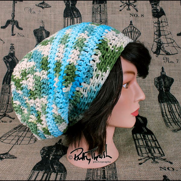 Hippie Slouch Beanie striped (beige, light blue, green, light green) crochet slouchy hat warm fall comfy dreadlock baggy hat winter fashion