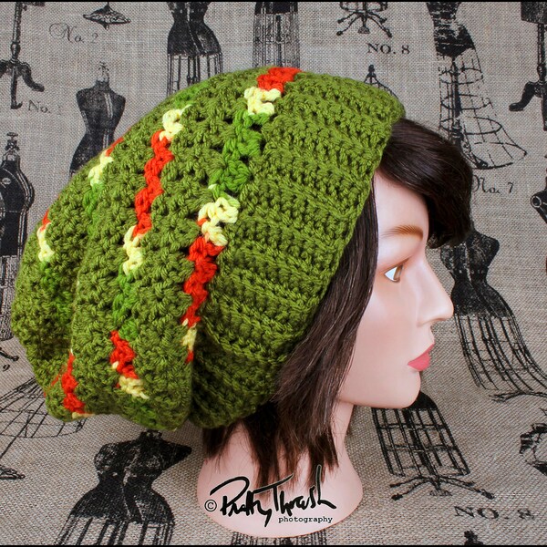 Striped Slouch Beanie (olive green, yellow, orange) crochet slouchy hat - free shipping - hippie hat - slouchie - fall beanie - winter gift