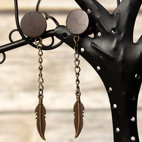 Boho Wood Feather Plugs / Earrings Bronze Chain Dangle Etsy