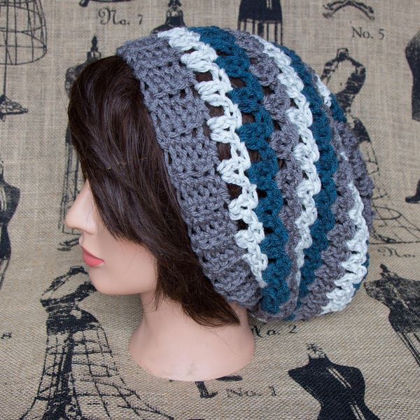 Slouch Hat / Beanie - Blue - Gray - White - Stripe - free shipping - fall / winter - slouchie  crochet - snow - hipster - hippie - preppy