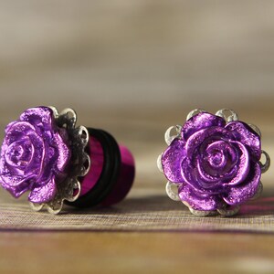 Silver - Pink - Purple Rose earrings / plugs - flower - 316L stainless steel / Acrylic - free shipping - hypoallergenic formal wedding plugs