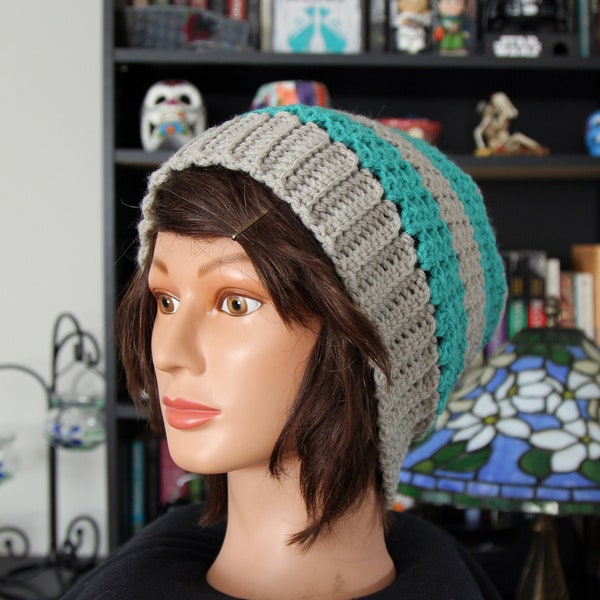 Slouch Hat / Beanie -Grey and Teal Stripe - free shipping - fall / winter - slouchie  crochet - snow - hipster - hippie - preppy - dread
