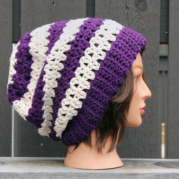 Slouch Hat / Beanie -Purple - Beige - Stripe - free shipping - fall / winter - slouchie  crochet - snow - hipster - hippie - preppy - dread