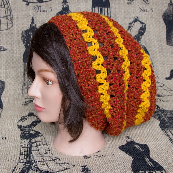 Fall Slouch Beanie - Striped  ( Red-Orange, Mustard Yellow ) slouchy hat - winter - comfy - free shipping - warm - soft - red - baggy hat