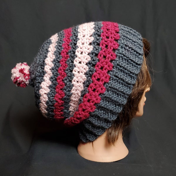 Gray Slouch Hat / Beanie with pink stripes and pom pom - fall - winter - crochet - hippie hat - baggy slouchie hipster trendy fashion cool