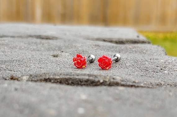 Rose Studs Set of 2 - choose color  - 16G Ballback - 316L Stainless Surgical Steel - Hypoallergenic - Body Jewelry - flower earring tiny