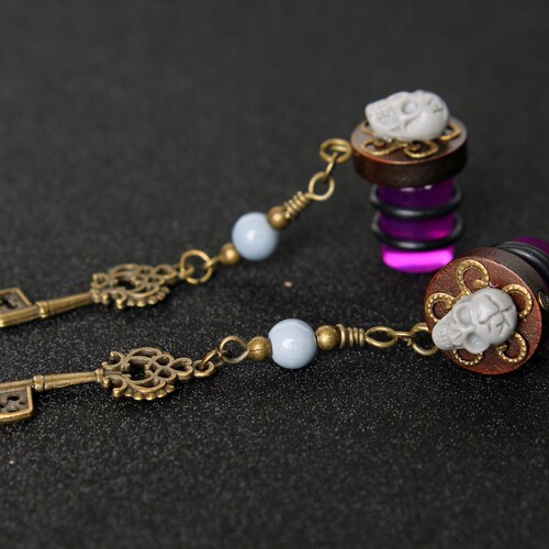 Boho Wood Feather Plugs / Earrings Bronze Chain Dangle Etsy