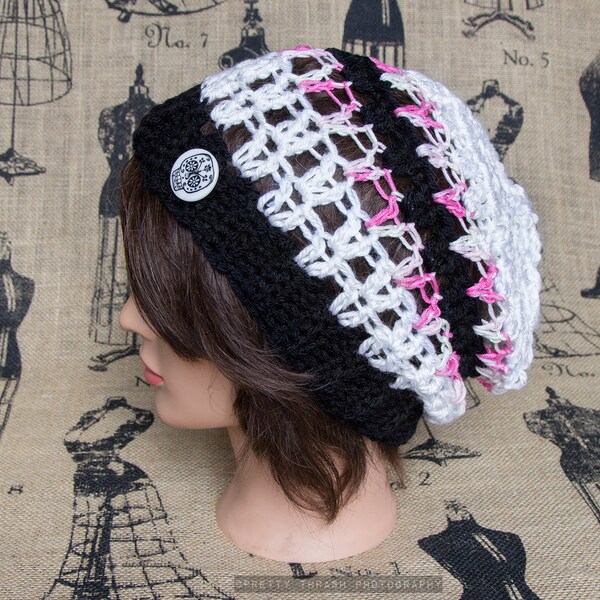 Black White Pink Striped Slouch Hat / Beanie Sugar Skull Button - free shipping - winter / fall - slouchie crochet