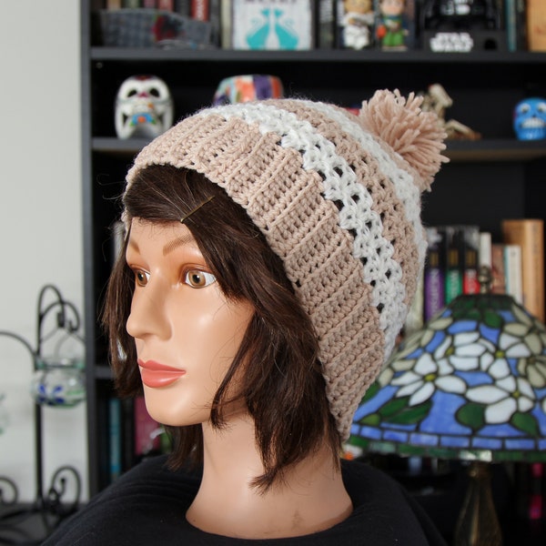 Slouch Hat / Beanie - Rose Gold and White Stripe - free shipping - fall / winter - crochet - snow - hipster - hippie - preppy - dread - warm