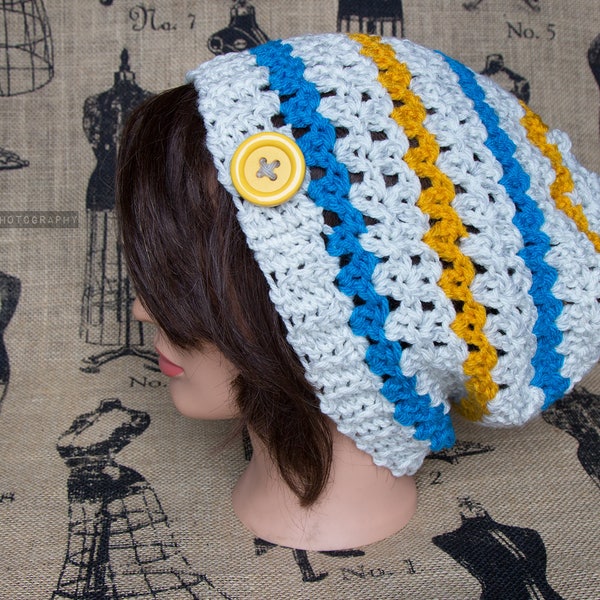 Gray Blue Yellow Striped Slouch Hat / Beanie Yellow Button fall winter free shipping button crochet