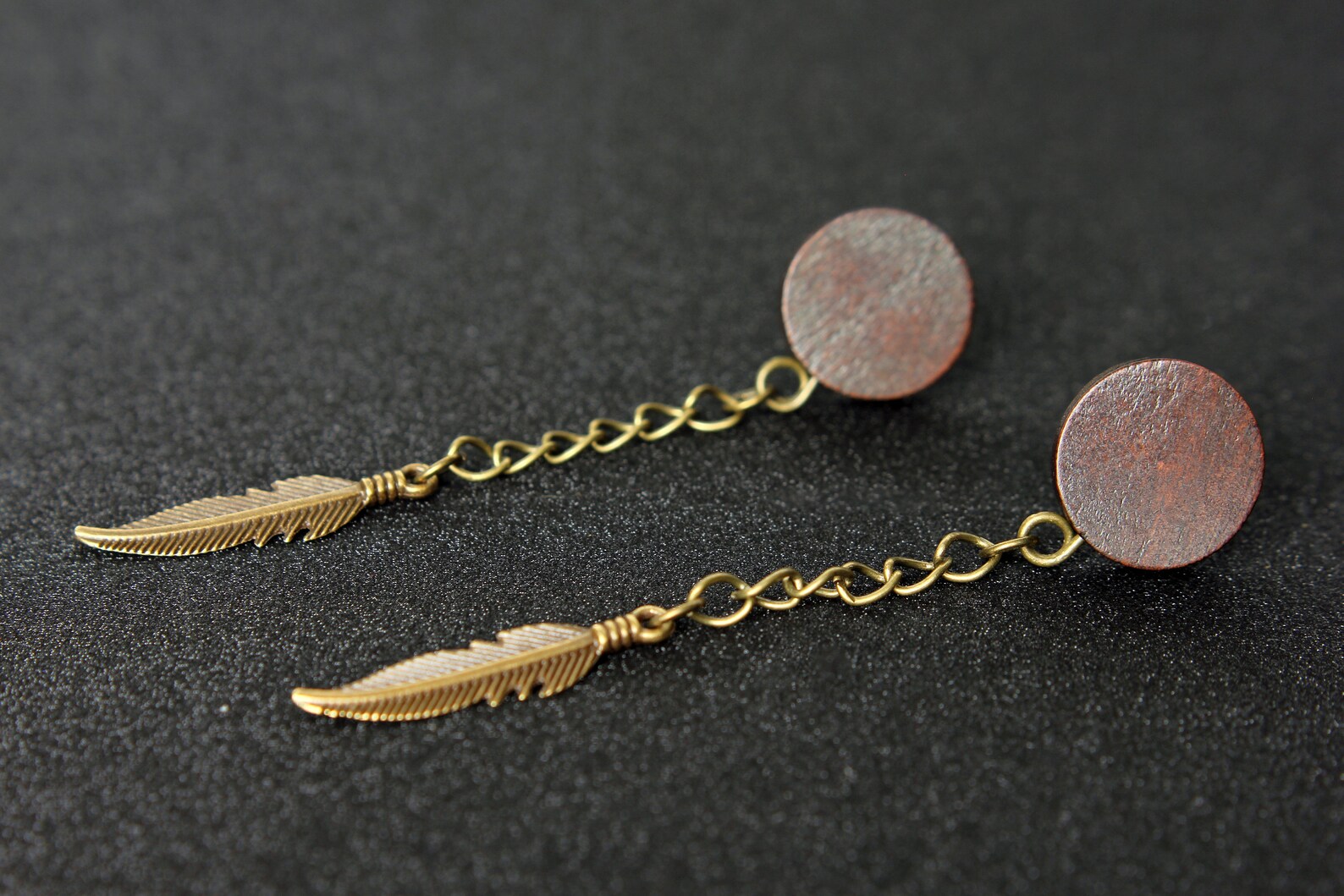 Boho Wood Feather Plugs / Earrings Bronze Chain Dangle Etsy