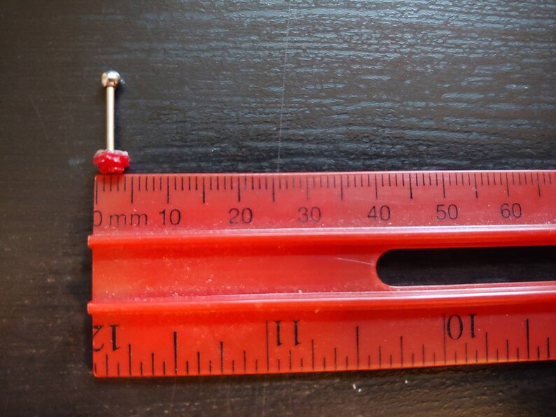 May include: A close-up of a red and silver barbell piercing with a small red gem on the end. The piercing is measured against a red ruler with black markings in millimeters.