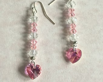 Heart - Swarovski Pink Heart - Crystal - Earrings - Valentine