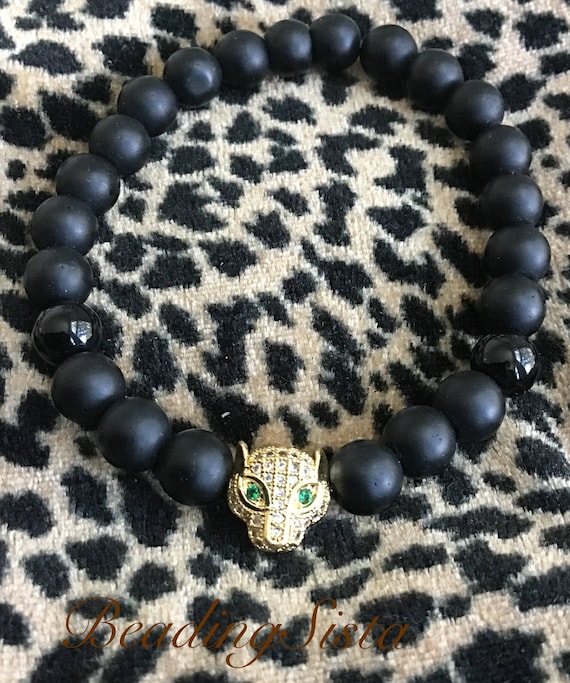 Cubic Zirconia - Panther - Silver or Gold - 10mm Black Matte and Glossy Agate - Stretch Cord - Bracelet - Unisex - 9 Inches