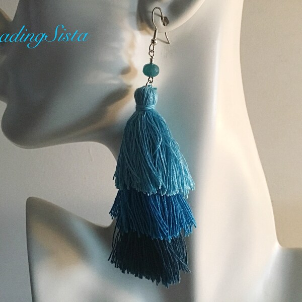 Tassel - Tri Color Cotton Blue Thread - Angelite Stone - Earrings