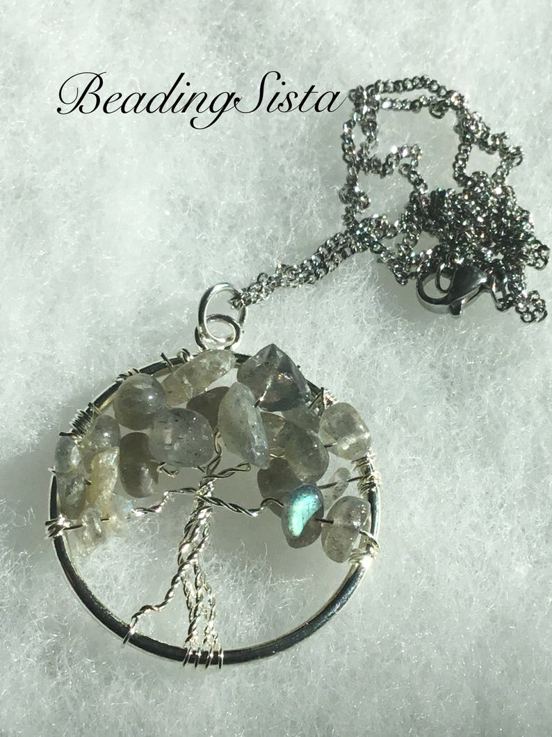 Tree of Life Silver Chain Silver Wrap Labradorite Stones