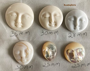 Cabochon - Faces - Hand Carved Moon Face Closed Eye Cabochon - Mother Of Pearl - Bone Carved - Jewelry Supplies