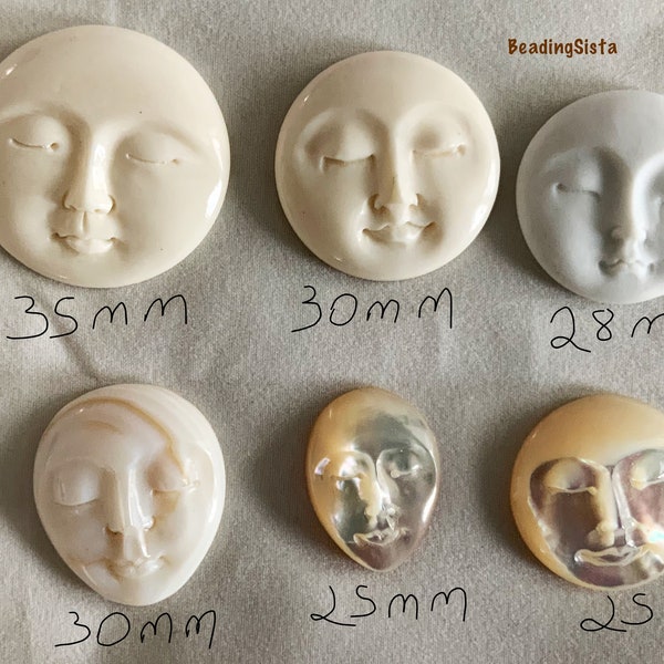 Cabochon - Faces - Hand Carved Moon Face Closed Eye Cabochon - Mother Of Pearl - Bone Carved - Jewelry Supplies