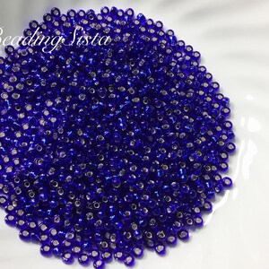 May include: A close-up of a pile of small, round, blue glass beads with silver accents. The beads are arranged in a circular pattern.
