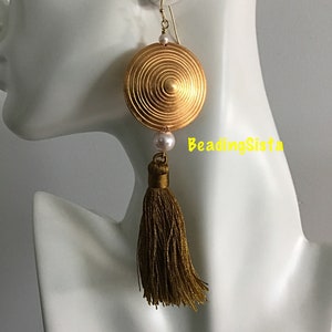 Tassel - Gold Saucer - Pearl - Bohemian - Boho - Earrings - 4 7/16 Inches