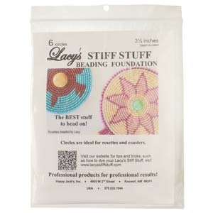 May include: A package of 6 Lacy's Stiff Stuff Beading Foundation circles, each measuring 3 1/8 inches in diameter. The package features a photo of two beaded projects, one with a turquoise and brown design and the other with a pink and green design. The text on the package reads "Lacy's Stiff Stuff Beading Foundation" and "The BEST stuff to bead on!"