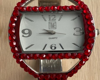 Watch - Time Quartz Watch - Red or Clear - Rhinestone Band - 5 1/2 inches Spring Band
